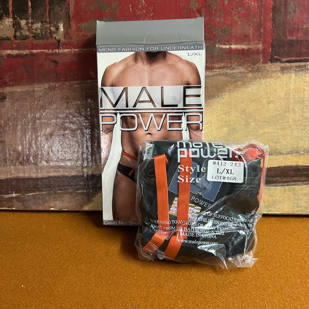 Male Power Camo Sport Net Sport‎ Strap Thong L/XL Black Orange 412-243 - Picture 2 of 3